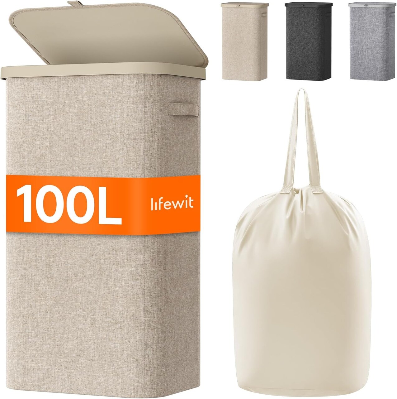 Laundry Basket with Lid, Large Laundry Hamper with Plastic Handles and Removable Bag, Foldable Tall Dirty Clothes Hampers for Laundry